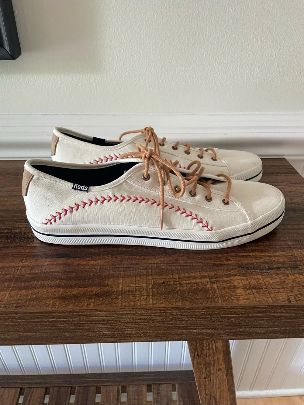 Keds White Canvas Sneakers with Red Stitching and Tan Laces